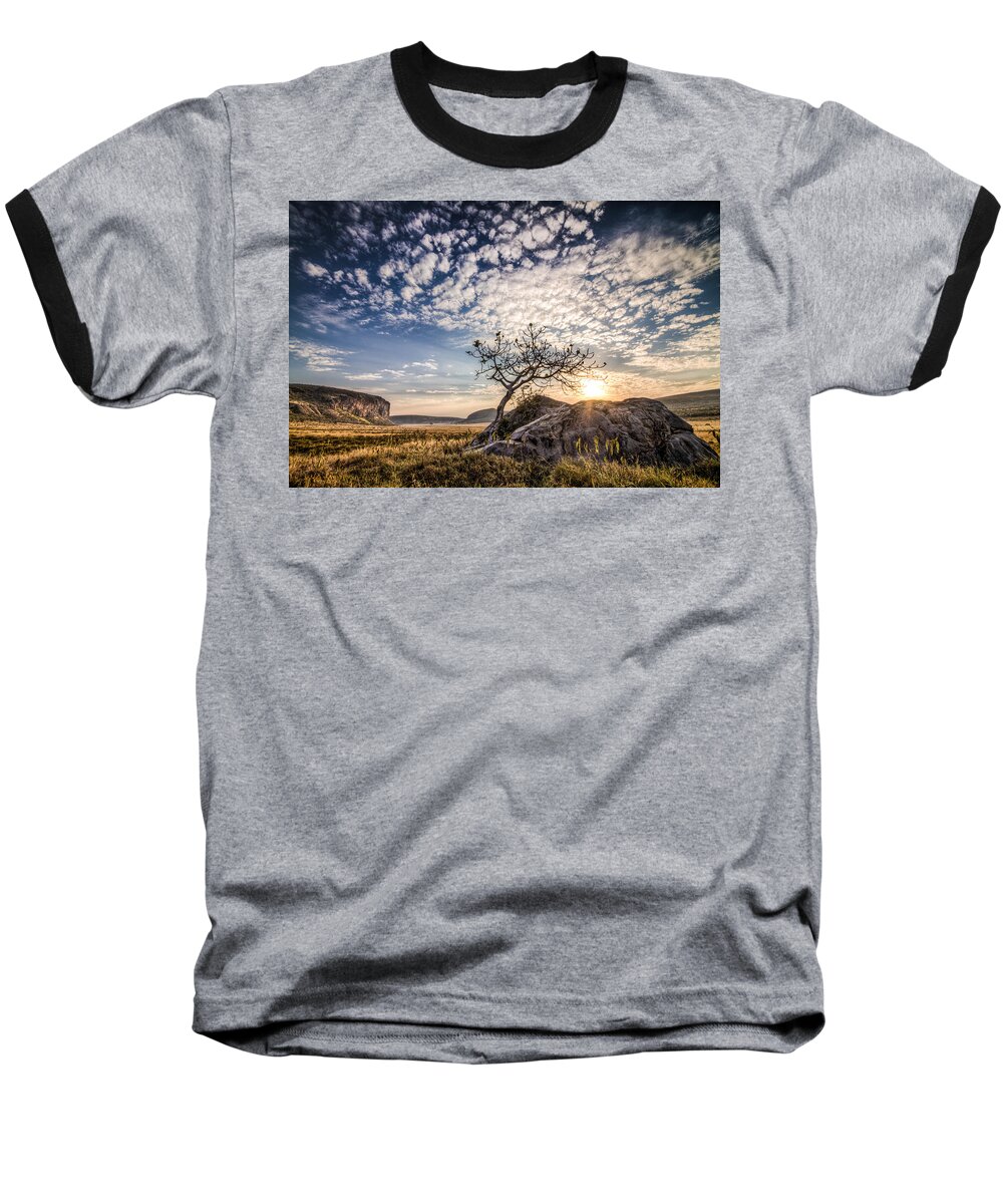 Africa Baseball T-Shirt featuring the photograph Rock Tree and Rising Sun by Mike Gaudaur