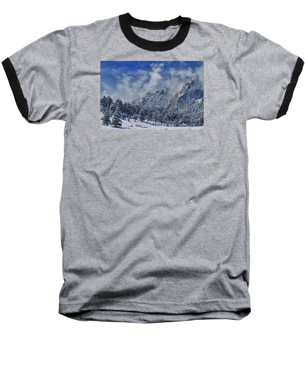 Flatirons Baseball T-Shirt featuring the photograph Rocky Mountain Dusting Of Snow Boulder Colorado by James BO Insogna