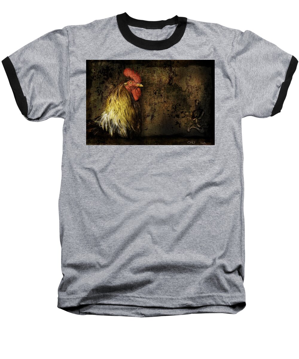 Animal Baseball T-Shirt featuring the mixed media Rooster with Brush Calligraphy Loyalty by Peter V Quenter