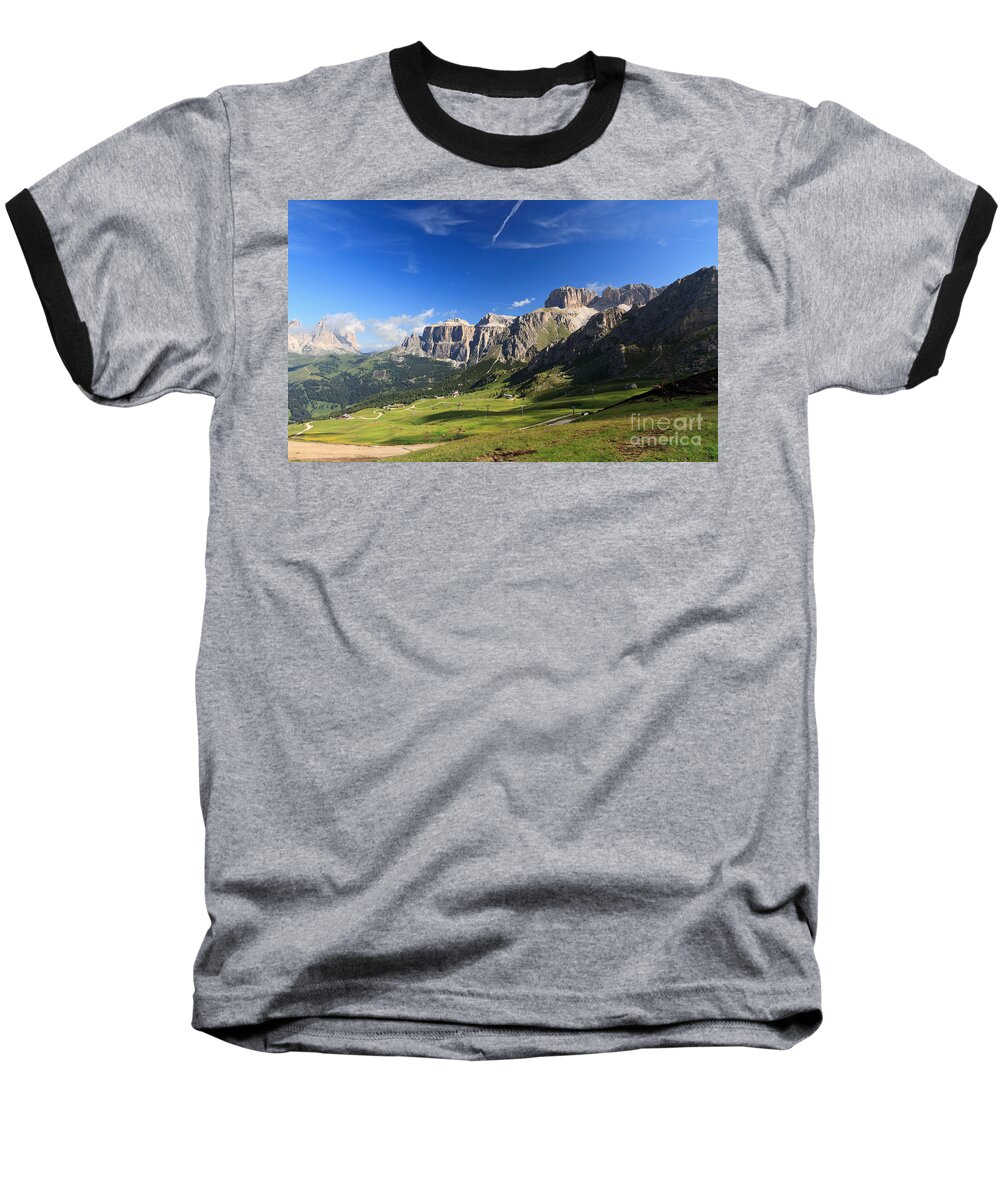 Alpine Baseball T-Shirt featuring the photograph Saas Pordoi and Fassa Valley by Antonio Scarpi