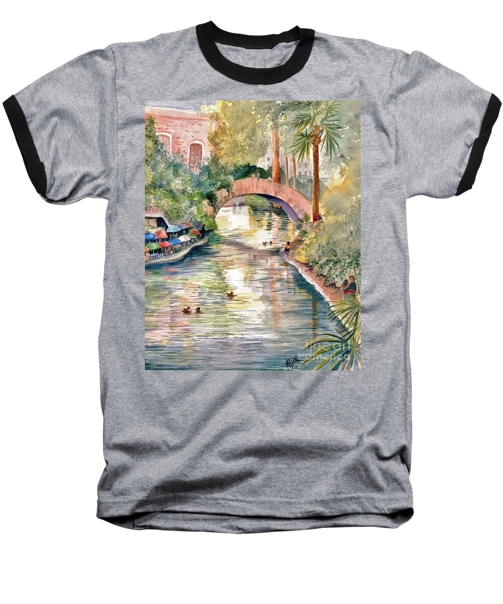 San Antonio Riverwalk Baseball T-Shirt featuring the painting San Antonio Riverwalk by Marilyn Smith