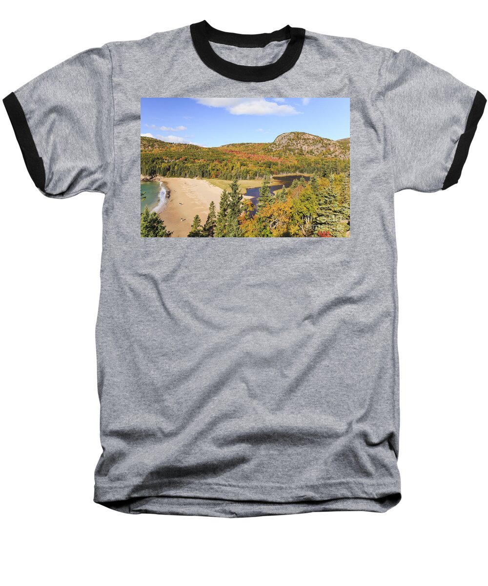 Acadia Baseball T-Shirt featuring the photograph Sand Beach and The Beehive in Autumn Acadia National Park by Ken Brown