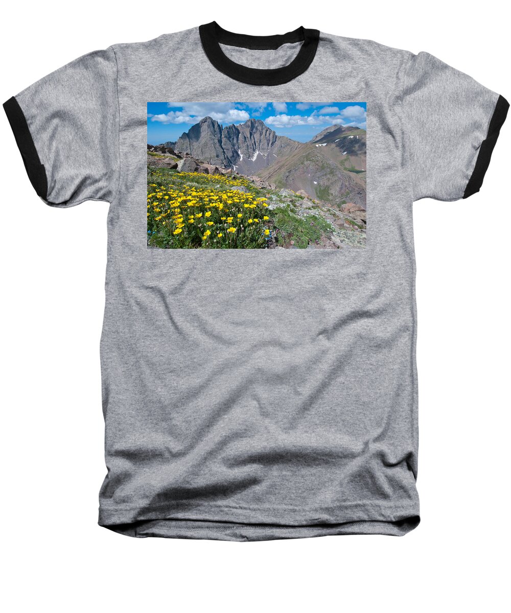 Colorado Baseball T-Shirt featuring the photograph Sangre de Cristos Crestone Peak and Wildflowers by Cascade Colors