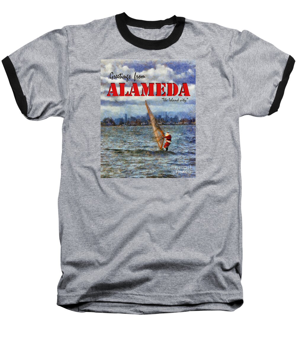 Greetings From Alameda Baseball T-Shirt featuring the painting Alameda Santa's Greetings by Linda Weinstock