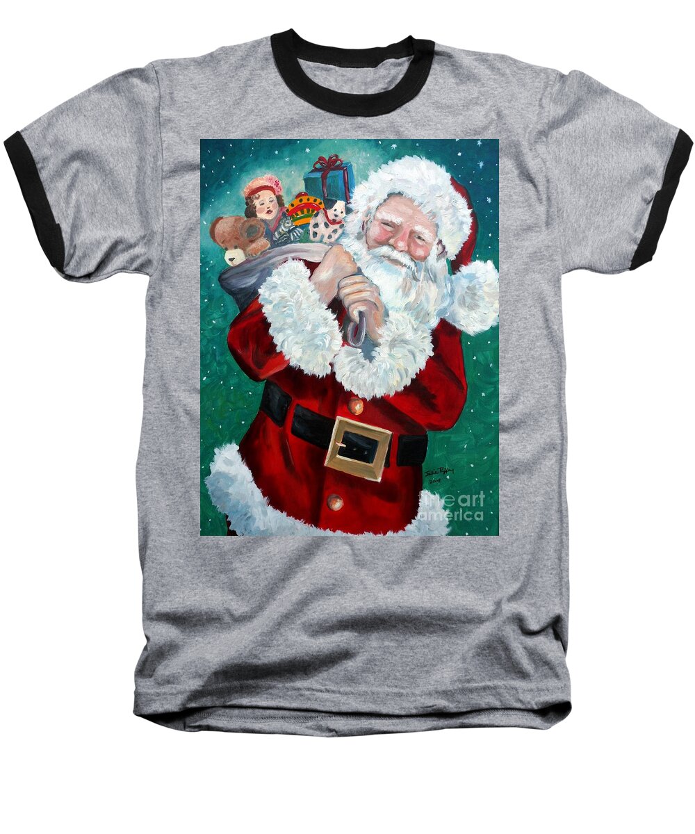Santa Baseball T-Shirt featuring the painting Santa's Coming to Town by Julie Brugh Riffey