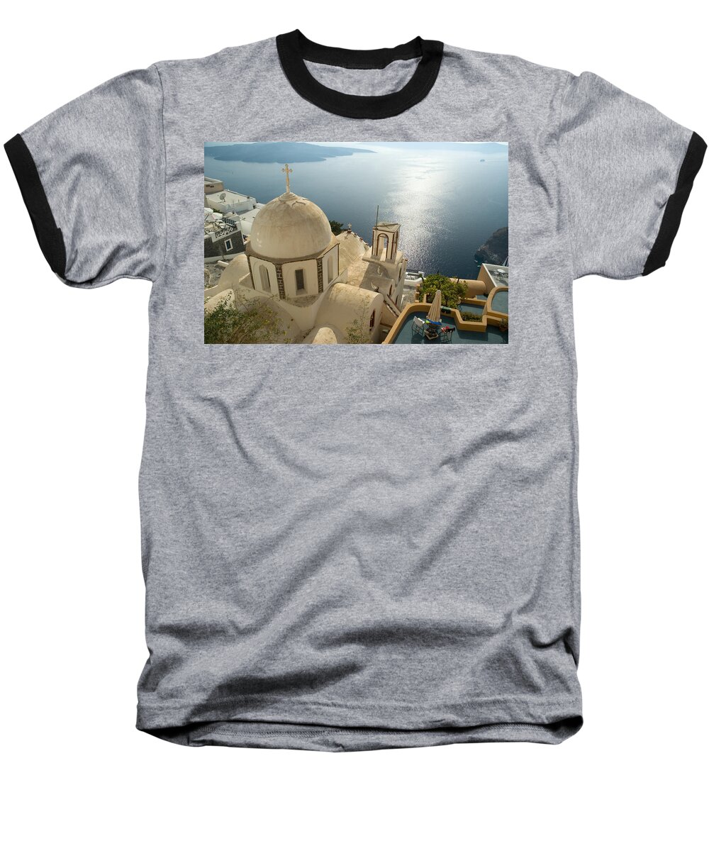 Santorini Baseball T-Shirt featuring the photograph Santorini Bay by Jeremy Voisey