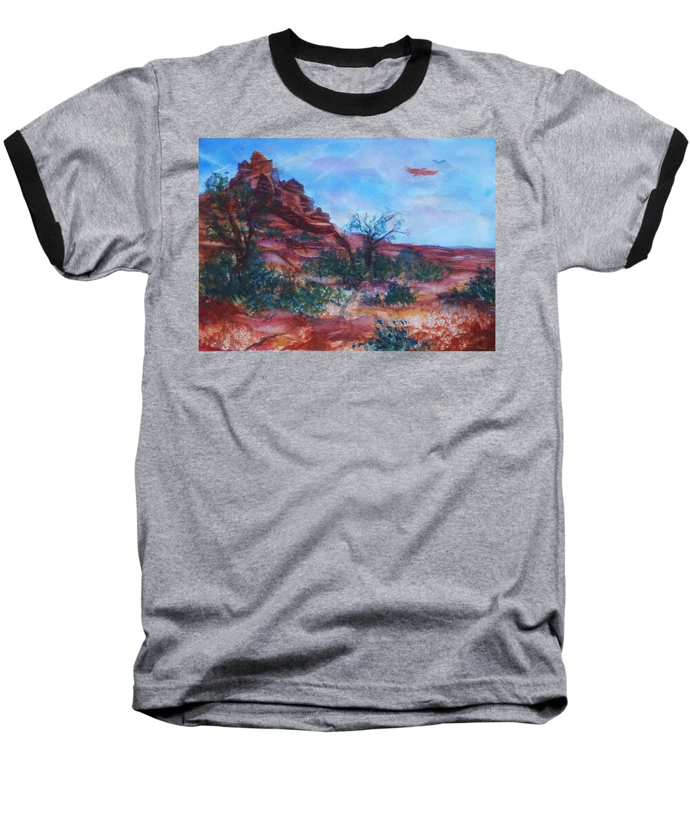Sedona Baseball T-Shirt featuring the painting Sedona Red Rocks - Impression of Bell Rock by Ellen Levinson