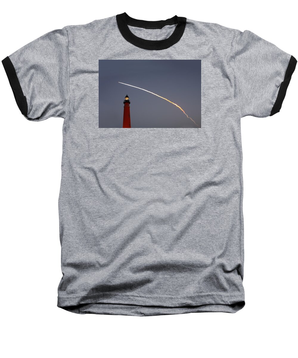 Space Baseball T-Shirt featuring the photograph Shuttle Discovery liftoff over Ponce Inlet Lighthouse by Paul Rebmann