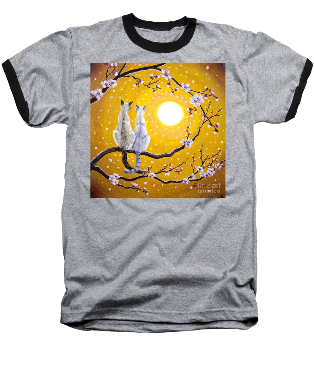 Zen Baseball T-Shirt featuring the painting Siamese Cats Nestled in Golden Sakura by Laura Iverson