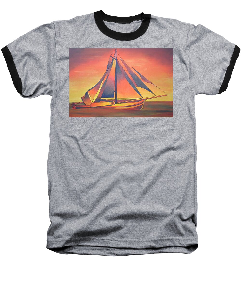Sailboat Baseball T-Shirt featuring the painting Sienna Sails At Sunset by Taiche Acrylic Art