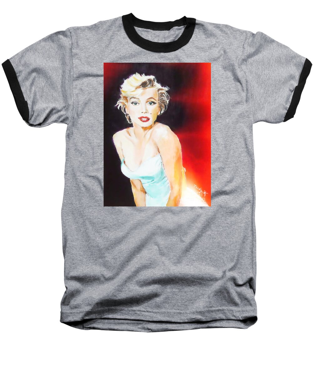 Marilyn Baseball T-Shirt featuring the painting Some Like It Red Hot by Judy Kay