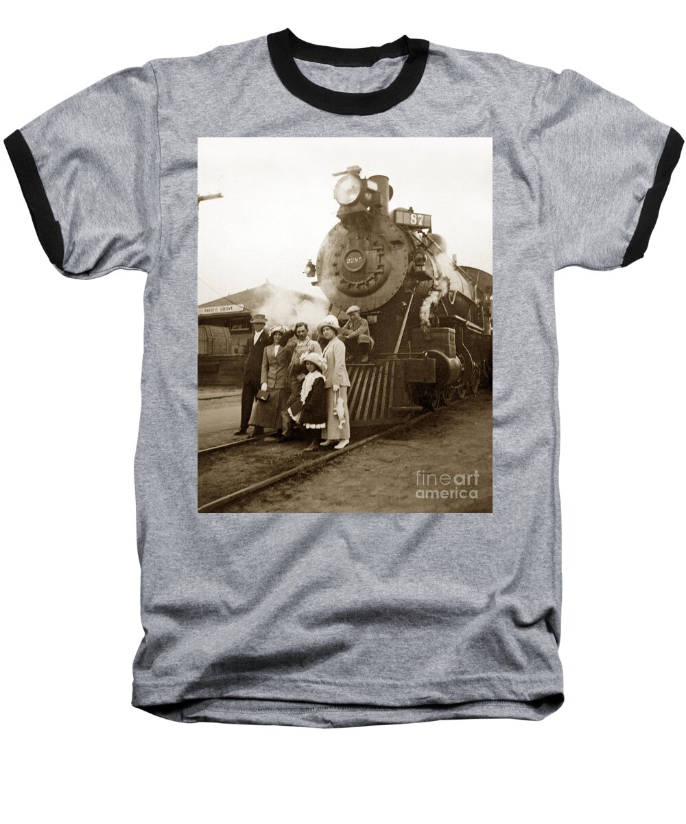 Southern Pacific Baseball T-Shirt featuring the photograph S P Baldwin locomotive 2285 Class T-26 Ten Wheel steam locomotive at Pacific Grove California 1910 by Monterey County Historical Society