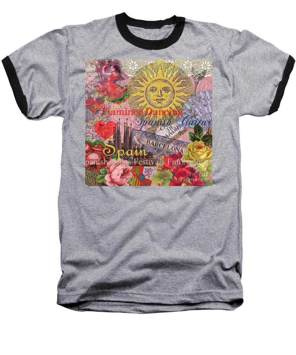 Spain Baseball T-Shirt featuring the digital art Spain Vintage Trendy Spain Travel Collage by Mary Hubley