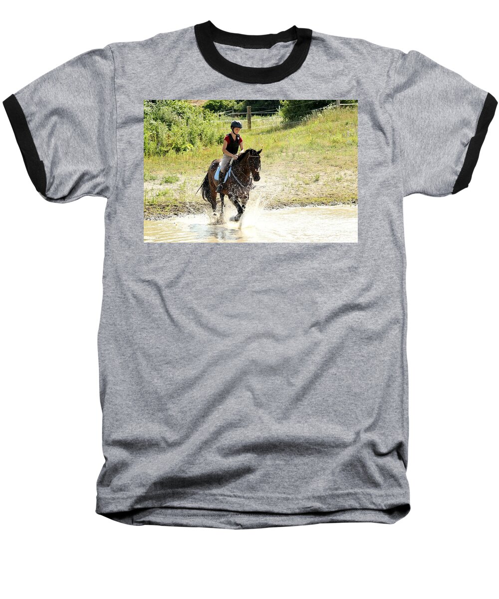 Horse Baseball T-Shirt featuring the photograph Splashing Thru Water Jump by Janice Byer