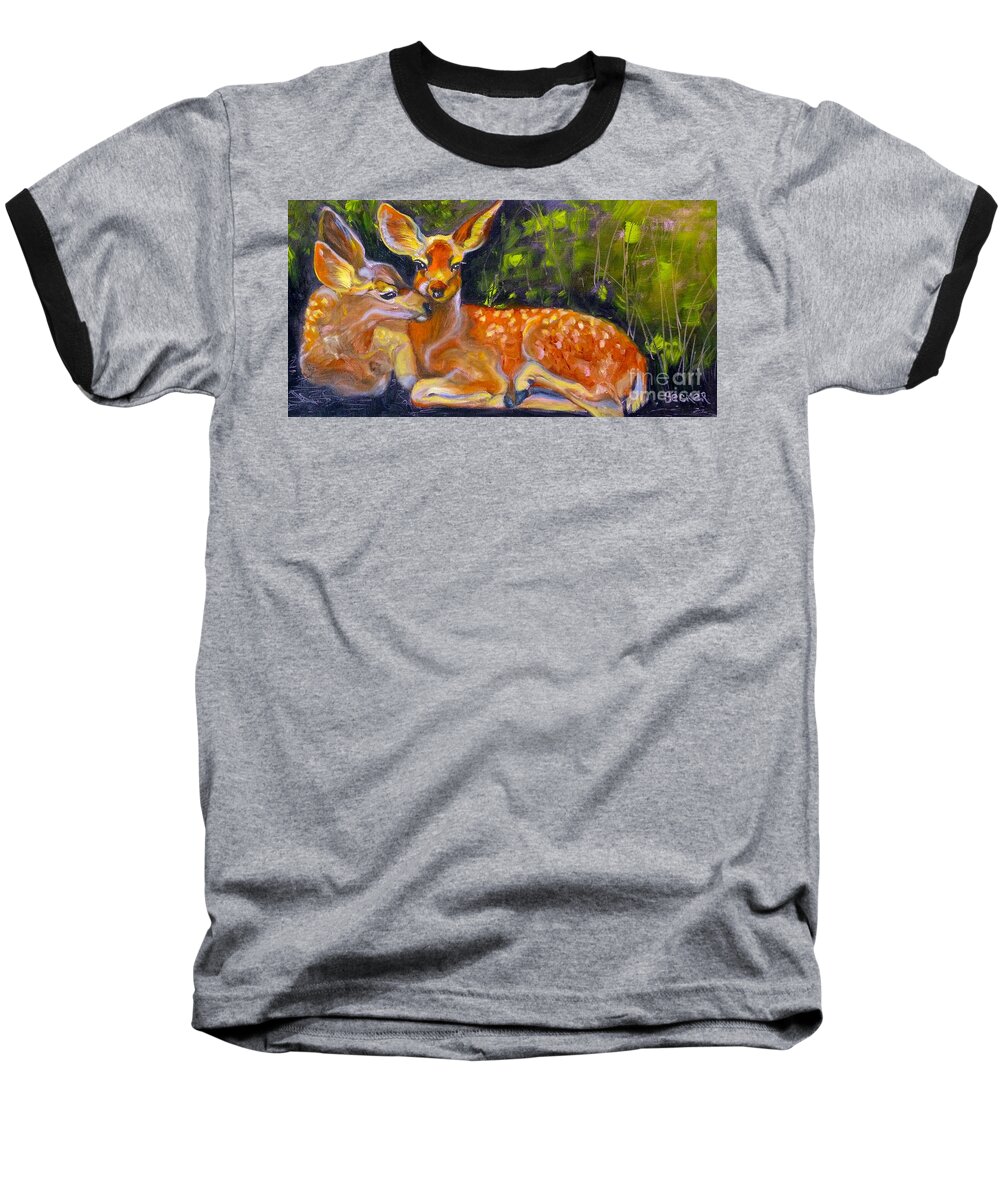 Fawn Baseball T-Shirt featuring the painting Spring Twins 2 by Susan A Becker