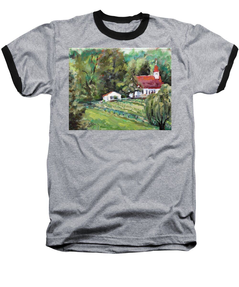 Church Baseball T-Shirt featuring the painting St. Lukes Church and Jefferson Vineyards in Charlottesville VA by Donna Tuten