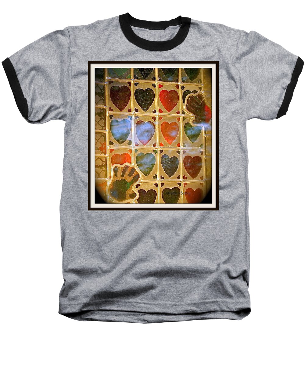Stained Glass Baseball T-Shirt featuring the photograph Stained Glass Hands and Hearts by Kathy Barney