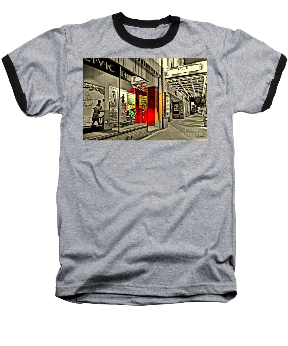 Nineteenth St. Theatre Baseball T-Shirt featuring the photograph Stardust Memories by Tami Quigley