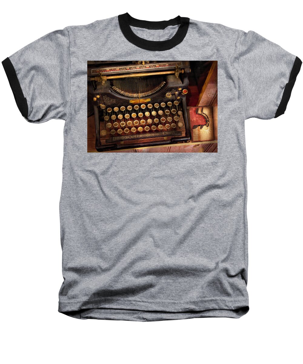 Hdr Baseball T-Shirt featuring the photograph Steampunk - Just an ordinary typewriter by Mike Savad