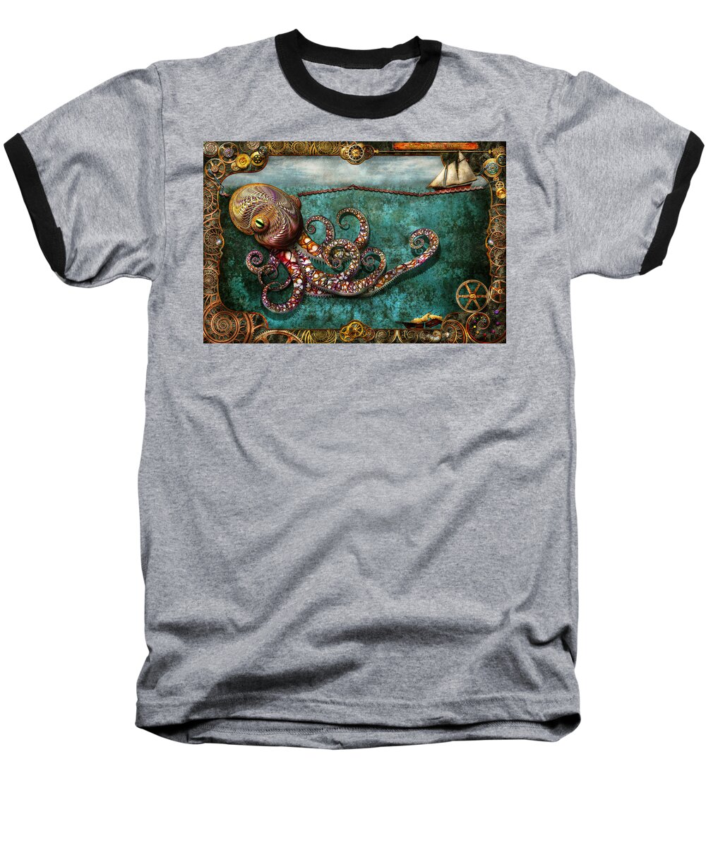 Self Baseball T-Shirt featuring the digital art Steampunk - The tale of the Kraken by Mike Savad