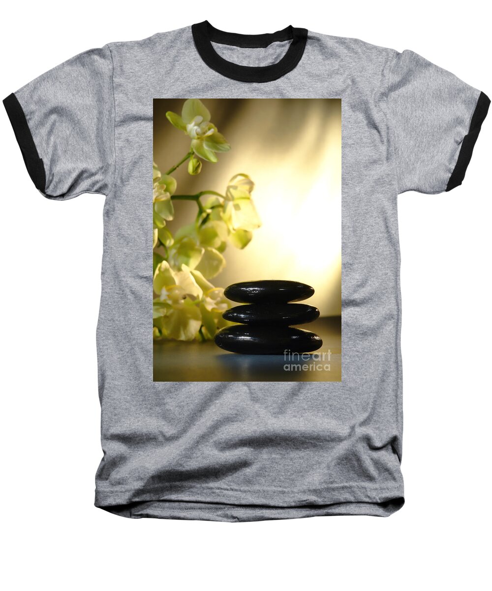 Orchid Baseball T-Shirt featuring the photograph Stone Cairn and Orchids by Olivier Le Queinec