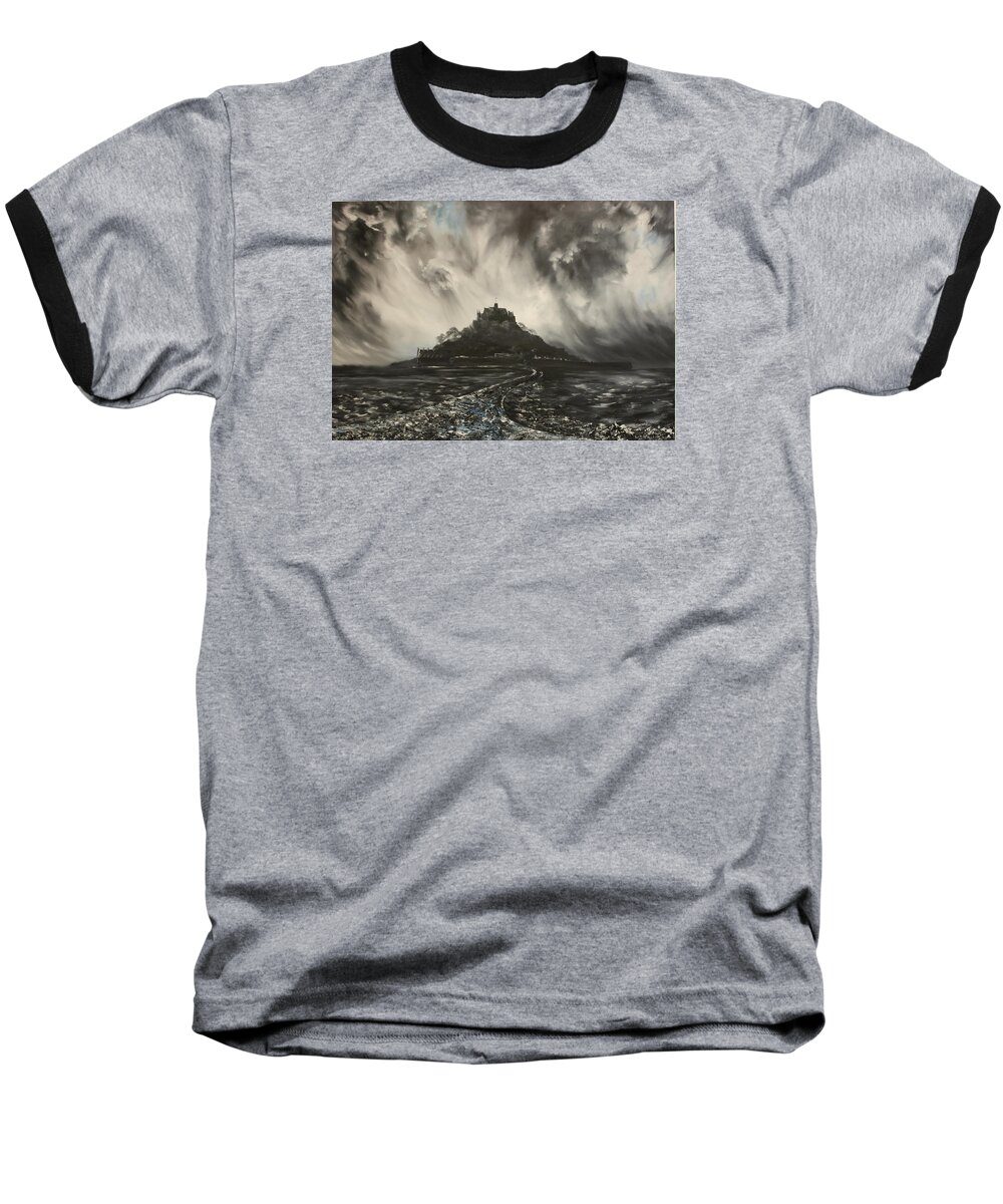 St Michaels Mount Baseball T-Shirt featuring the painting Storm Over St Michaels Mount Cornwall by Jean Walker