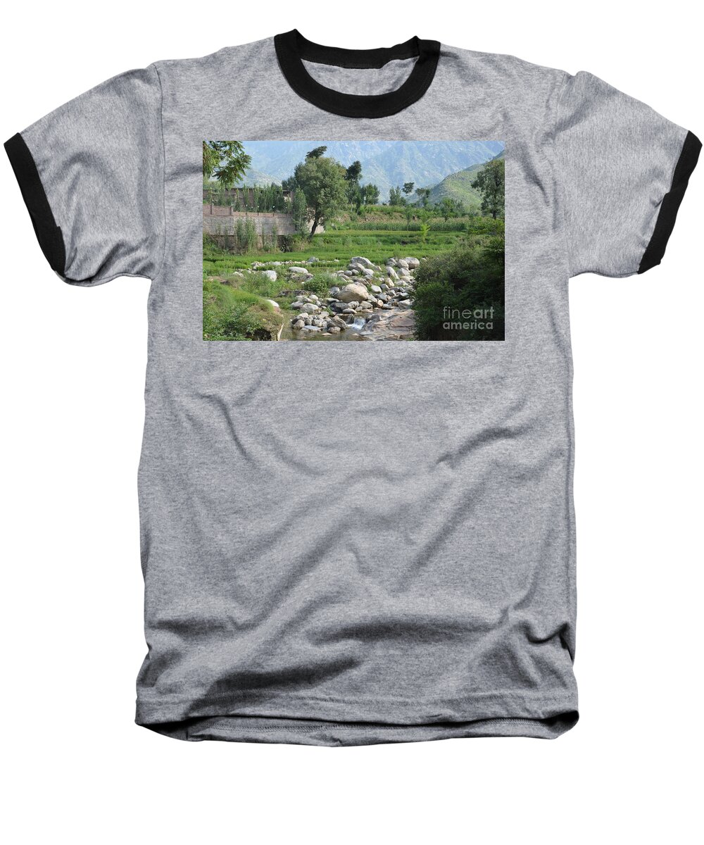 Mountains Baseball T-Shirt featuring the photograph Stream trees house and mountains Swat Valley Pakistan by Imran Ahmed