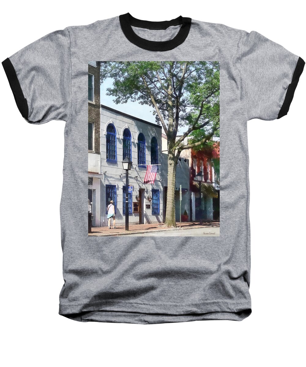 Alexandria Baseball T-Shirt featuring the photograph Alexandria VA - Street With American Flag by Susan Savad