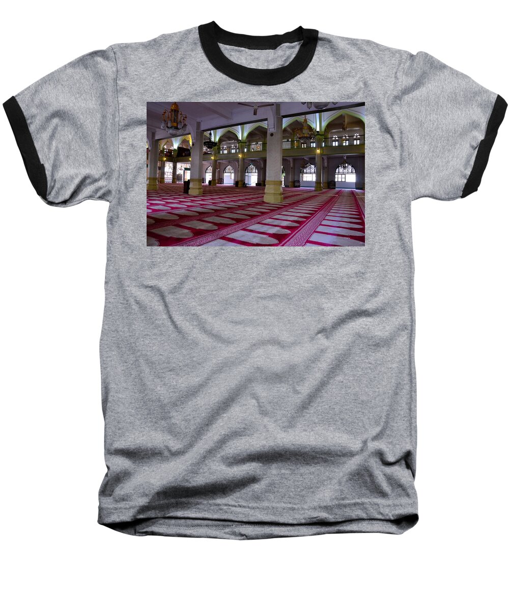 Singapore Baseball T-Shirt featuring the photograph Sultan mosque Interior carpet and chandeliers Singapore by Imran Ahmed