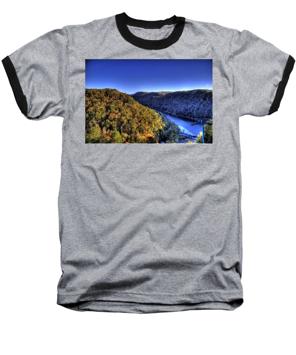 River Baseball T-Shirt featuring the photograph Sun Setting on Fall Hills by Jonny D