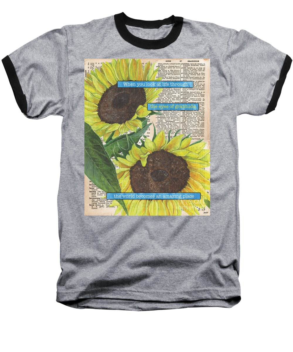 Floral Baseball T-Shirt featuring the painting Sunflower Dictionary 2 by Debbie DeWitt