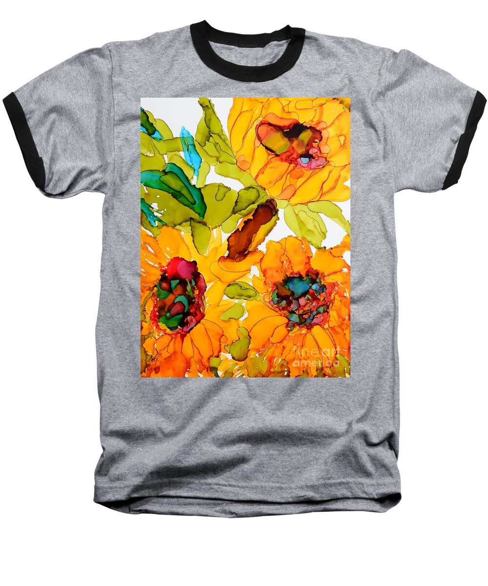 Alcohol Ink Baseball T-Shirt featuring the painting Sunflower Trio by Vicki Housel