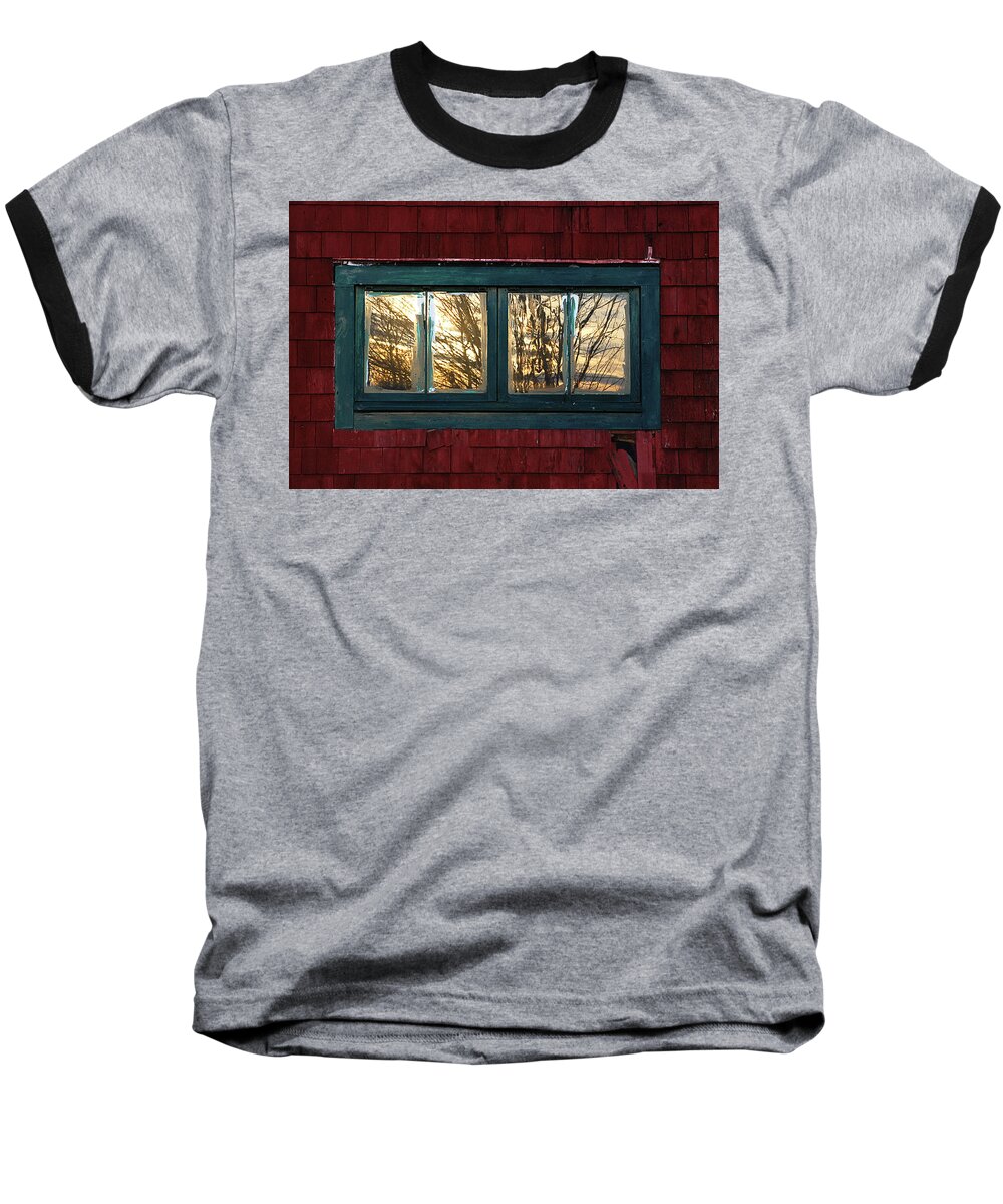 Barns Baseball T-Shirt featuring the photograph Sunrise in Old Barn Window by Sue Capuano