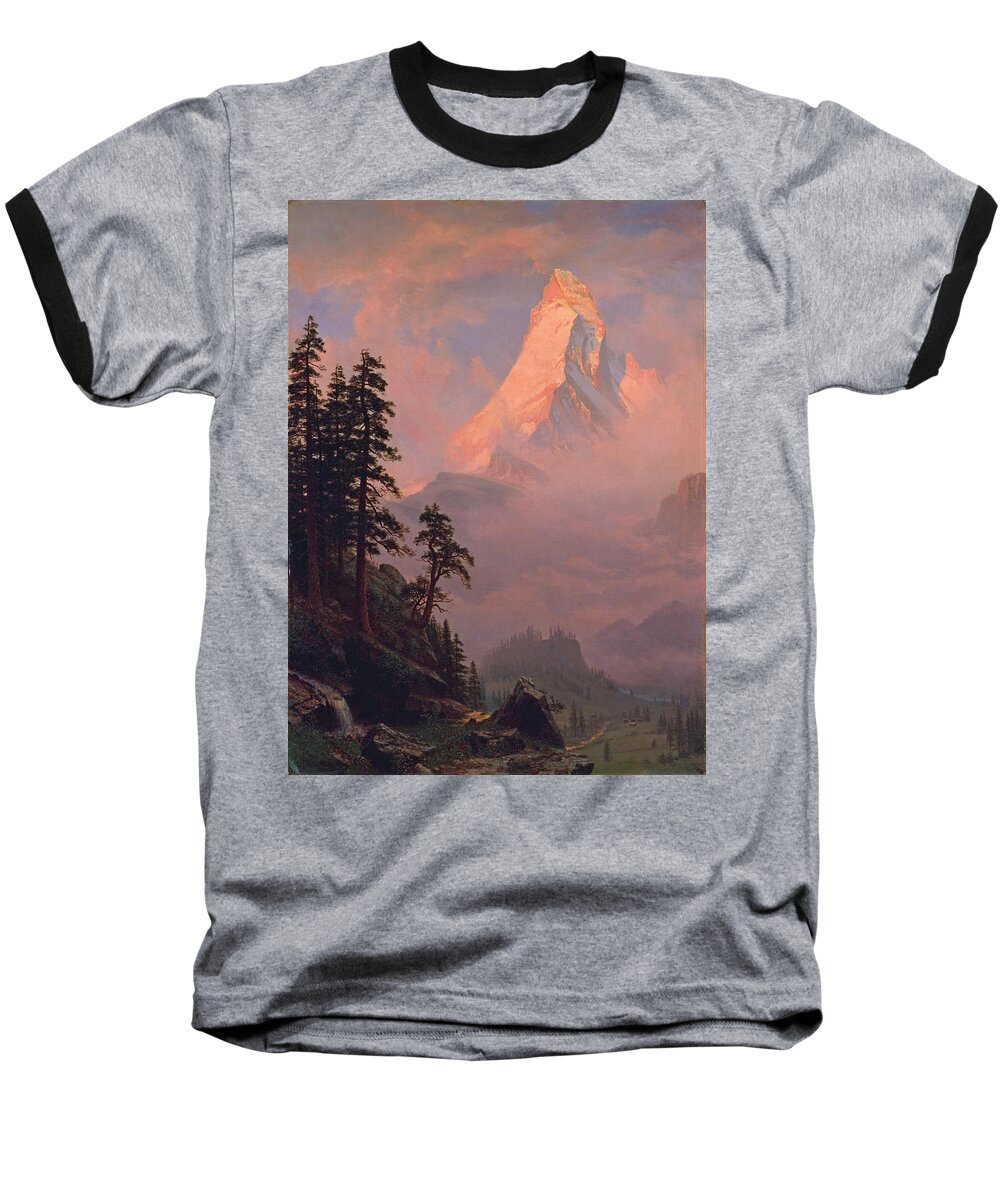Albert Bierstadt Baseball T-Shirt featuring the painting Sunrise on the Matterhorn by Albert Bierstadt