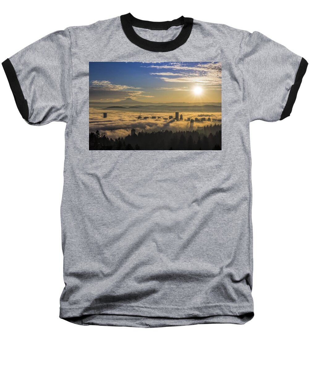 Sunrise Baseball T-Shirt featuring the photograph Sunrise over Foggy Portland by David Gn