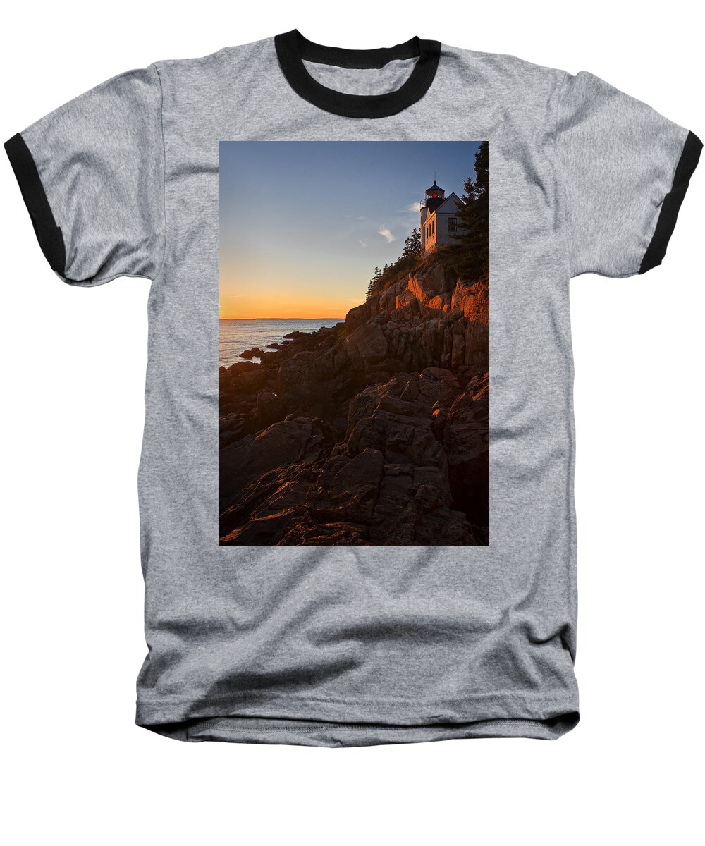 Bass Head Lighthouse Baseball T-Shirt featuring the photograph Sunset at Bass Head  by Priscilla Burgers