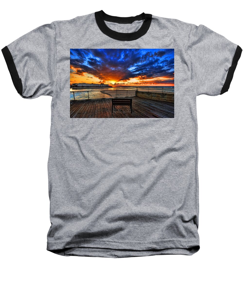 Israel Baseball T-Shirt featuring the photograph sunset at the port of Tel Aviv by Ron Shoshani