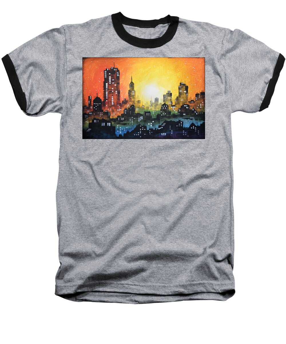 Print Baseball T-Shirt featuring the painting Sunset In the City by Amy Giacomelli