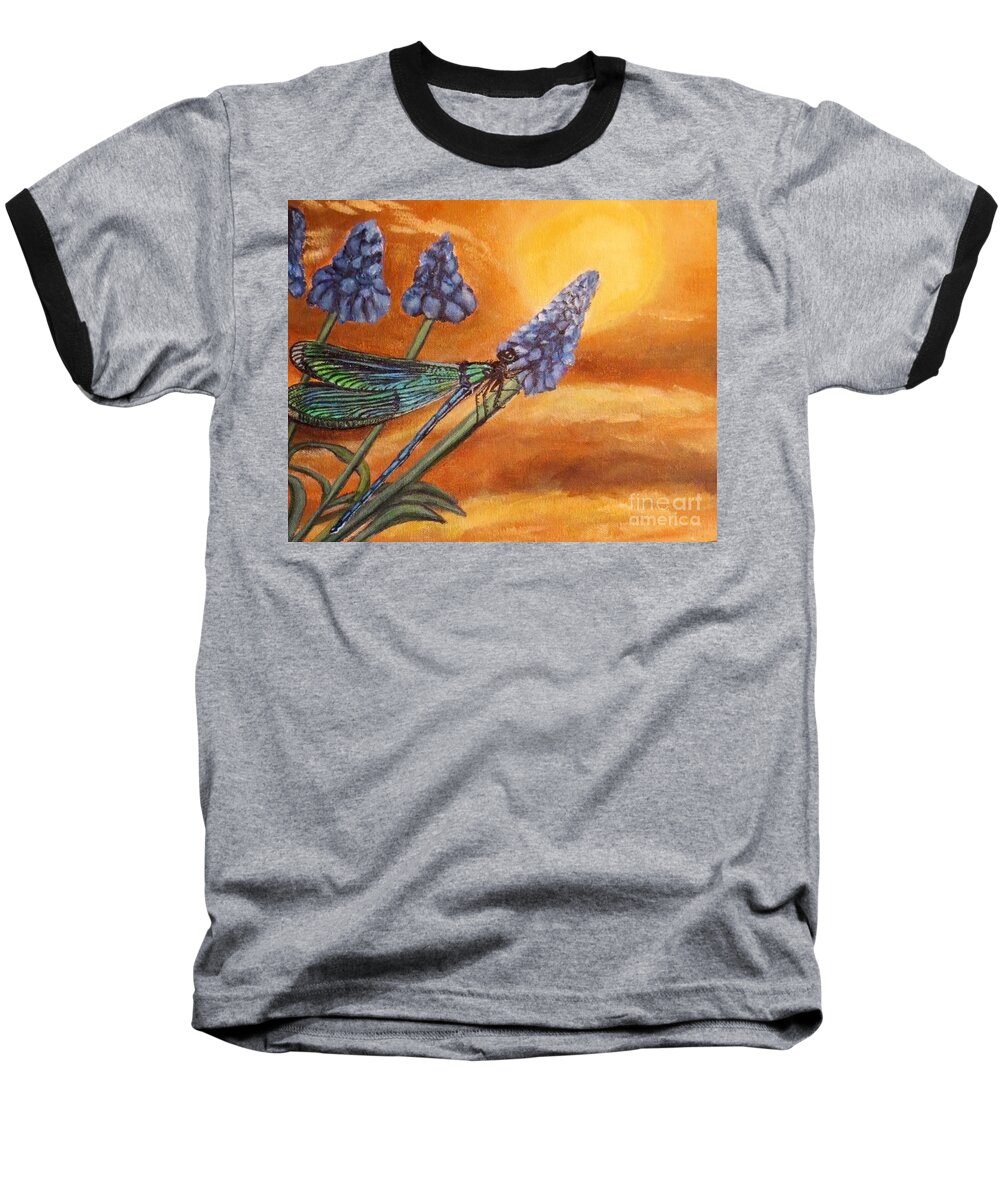 Nature Scene Aquatic Water Scene Ecology With Environmental Message For Conservation For Earth Day Blue Green Dragonfly Blue Prussian Blue Grape Hyacinths Golden Orange Sunset Acrylic Painting Baseball T-Shirt featuring the painting Summer Sunset over a Dragonfly by Kimberlee Baxter