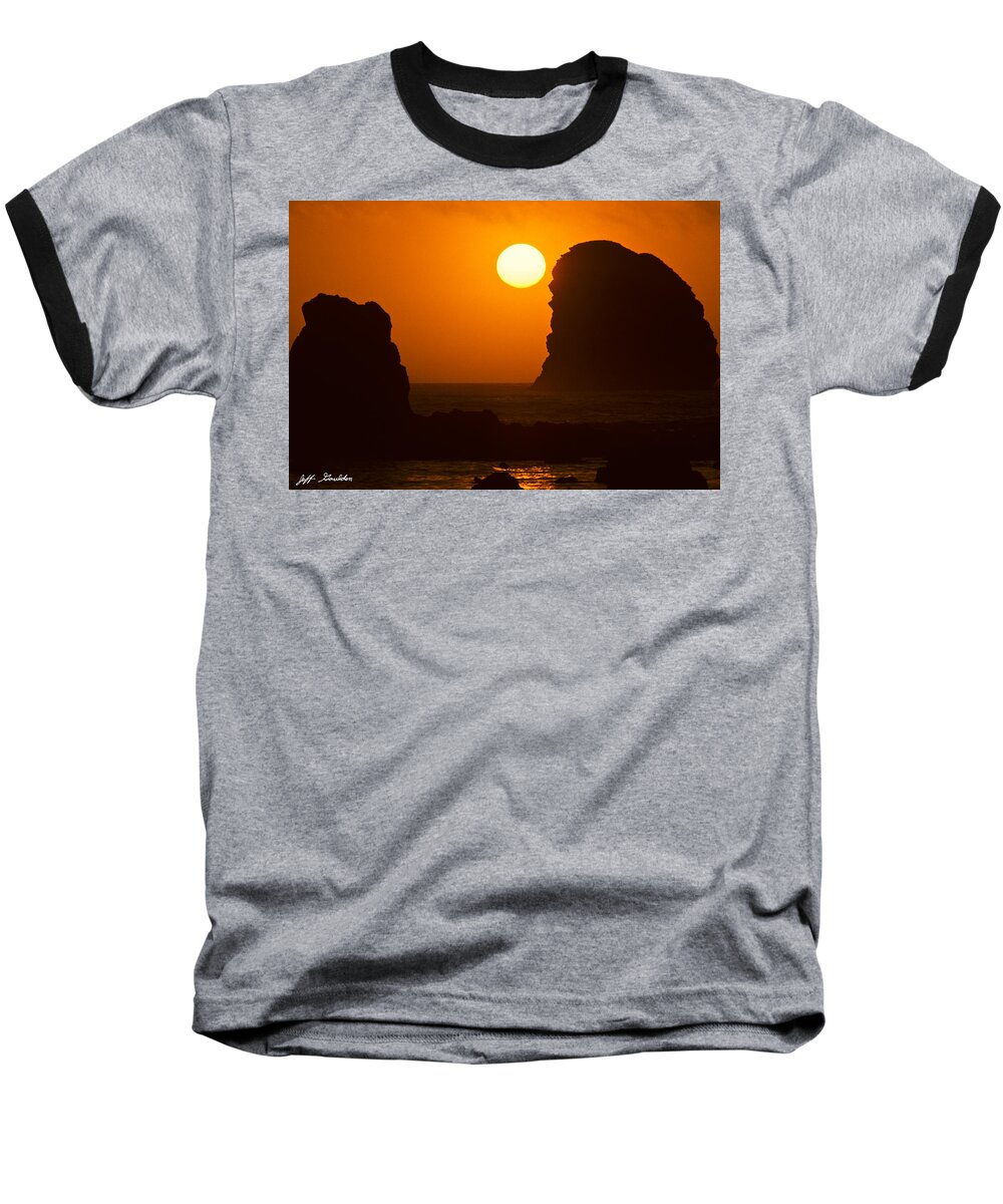 Beach Baseball T-Shirt featuring the photograph Sunset Over the Pacific Ocean with Rock Stacks by Jeff Goulden