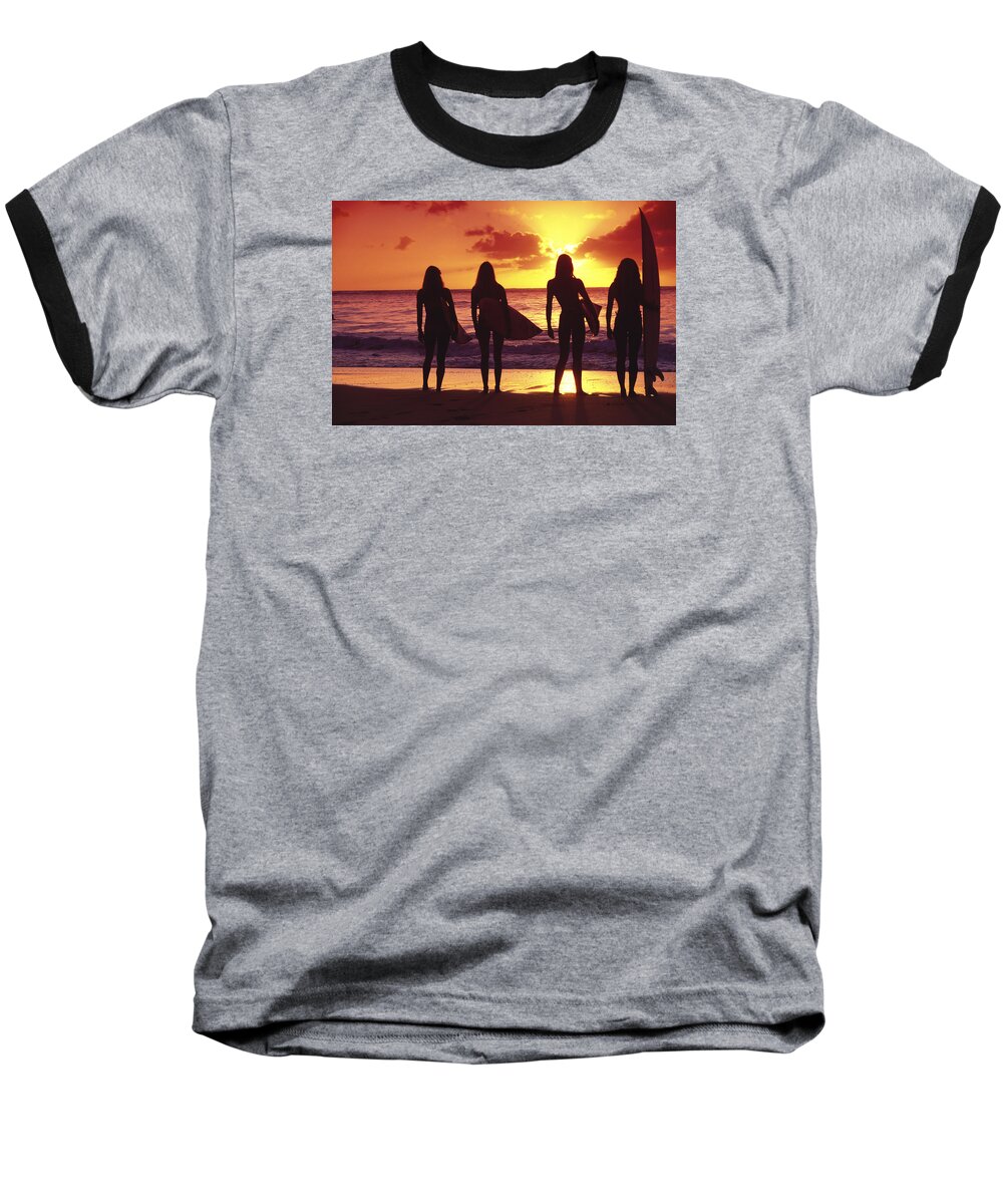 Surfer Girls Baseball T-Shirt featuring the photograph Surfer girl silhouettes by Sean Davey
