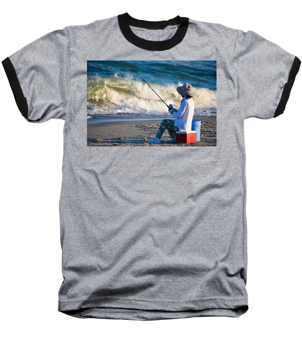 Beach Cottage Life Baseball T-Shirt featuring the photograph Surfing For Dinner by Mary Hahn Ward