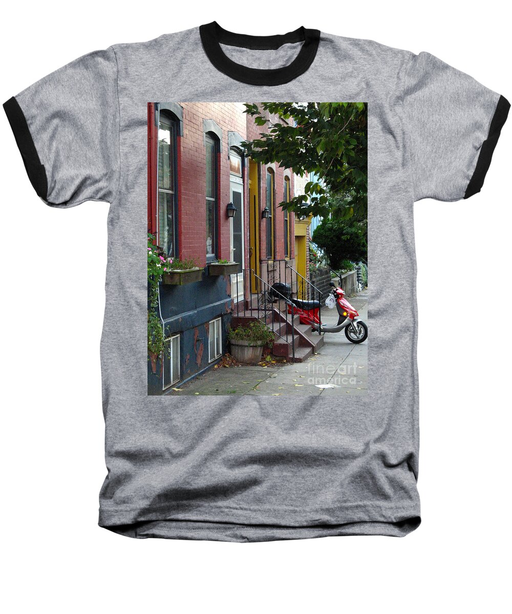 Motor Scooter Baseball T-Shirt featuring the photograph Swain Street by Christopher Plummer