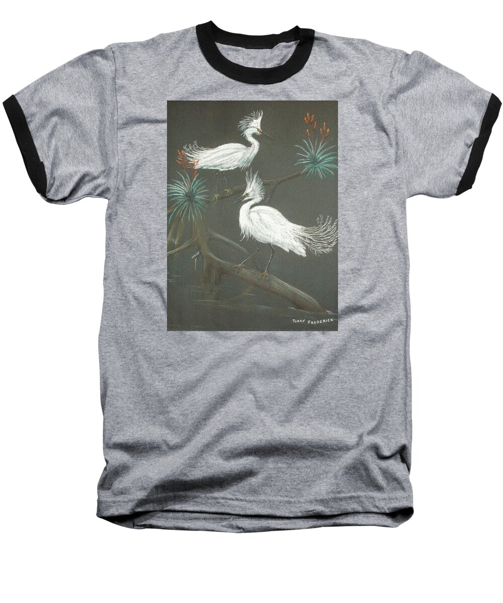 Snowy Egret Baseball T-Shirt featuring the pastel Swampbirds by Terry Frederick