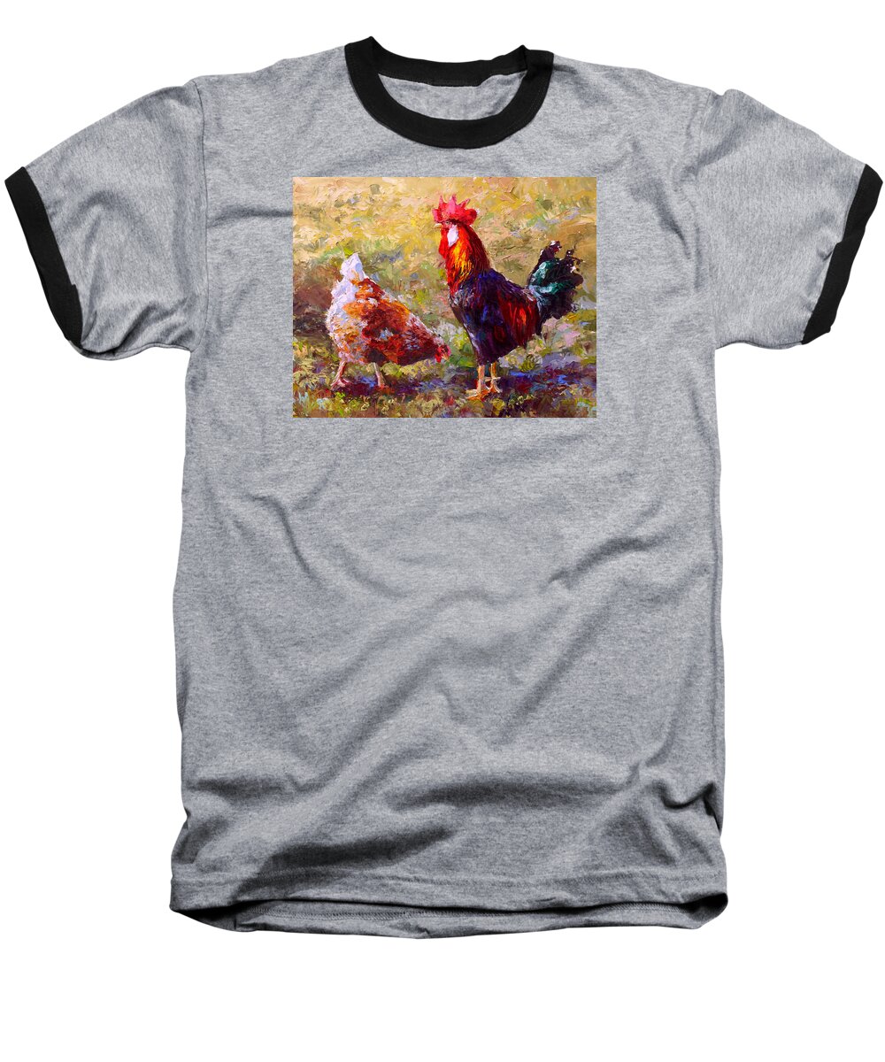 Chicken Baseball T-Shirt featuring the painting Rooster and Hen Farm Art Chicken Painting by K Whitworth