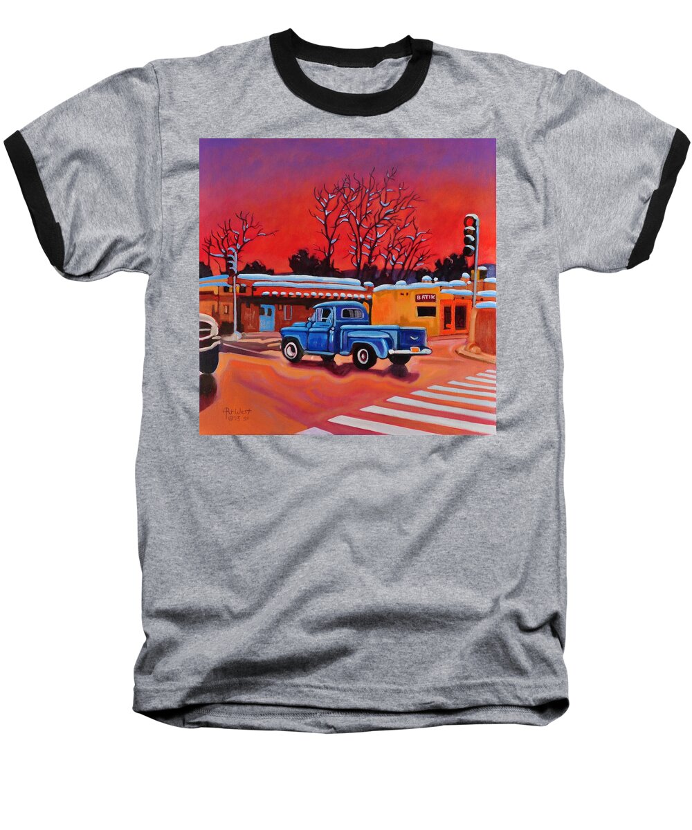 Old Baseball T-Shirt featuring the painting Taos Blue Truck at Dusk by Art West