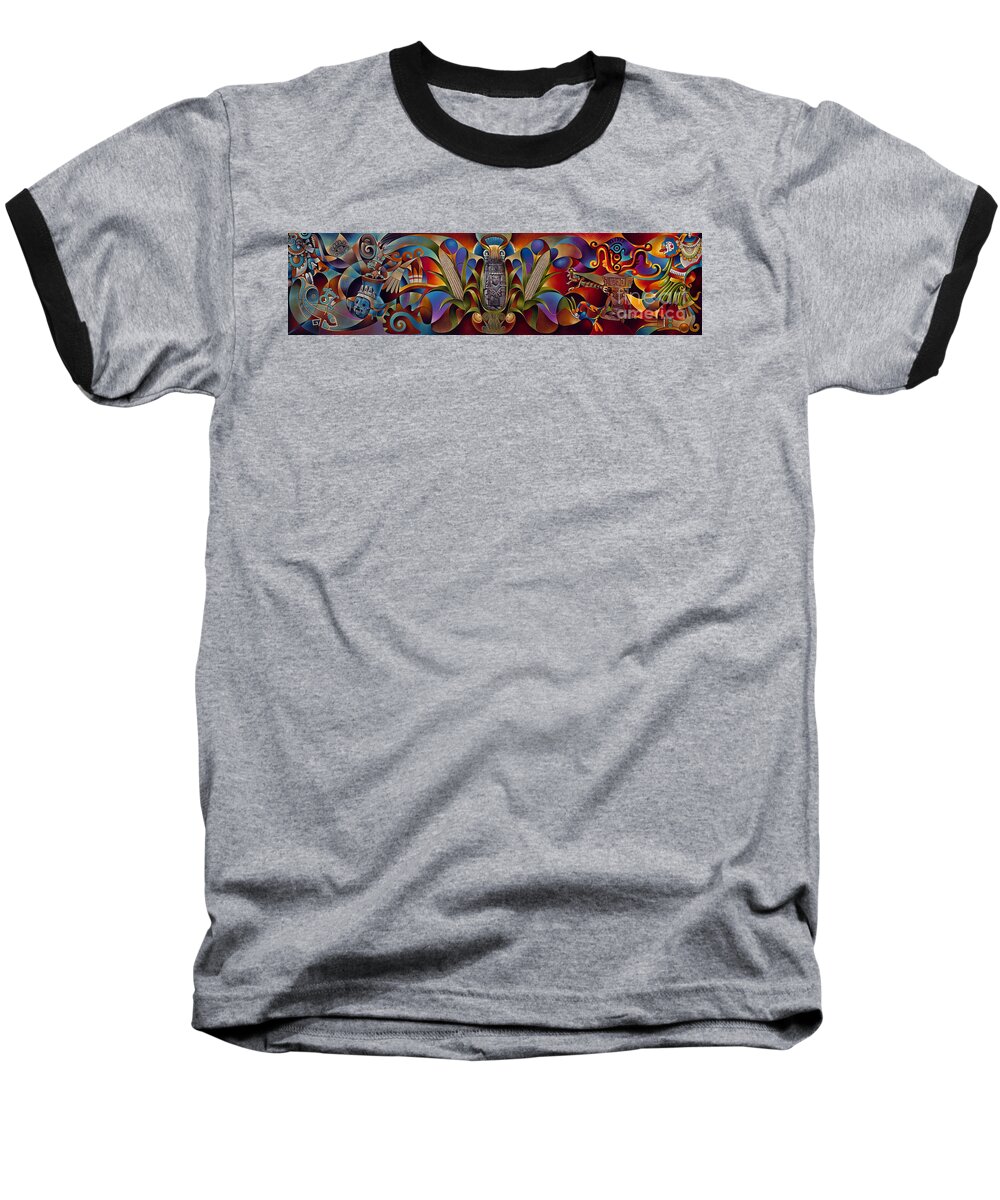 Aztec Baseball T-Shirt featuring the painting Tapestry of Gods by Ricardo Chavez-Mendez