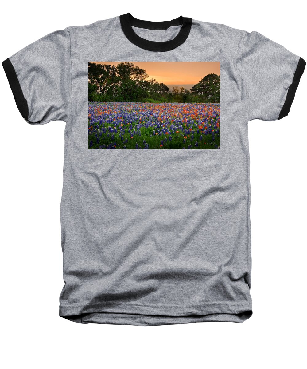 Bluebonnets Baseball T-Shirt featuring the photograph Texas Sunset - Bluebonnet Landscape Wildflowers by Jon Holiday