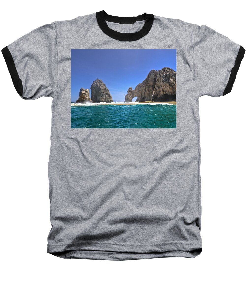 Arch Baseball T-Shirt featuring the photograph The Arch Cabo San Lucas on a low tide by Eti Reid
