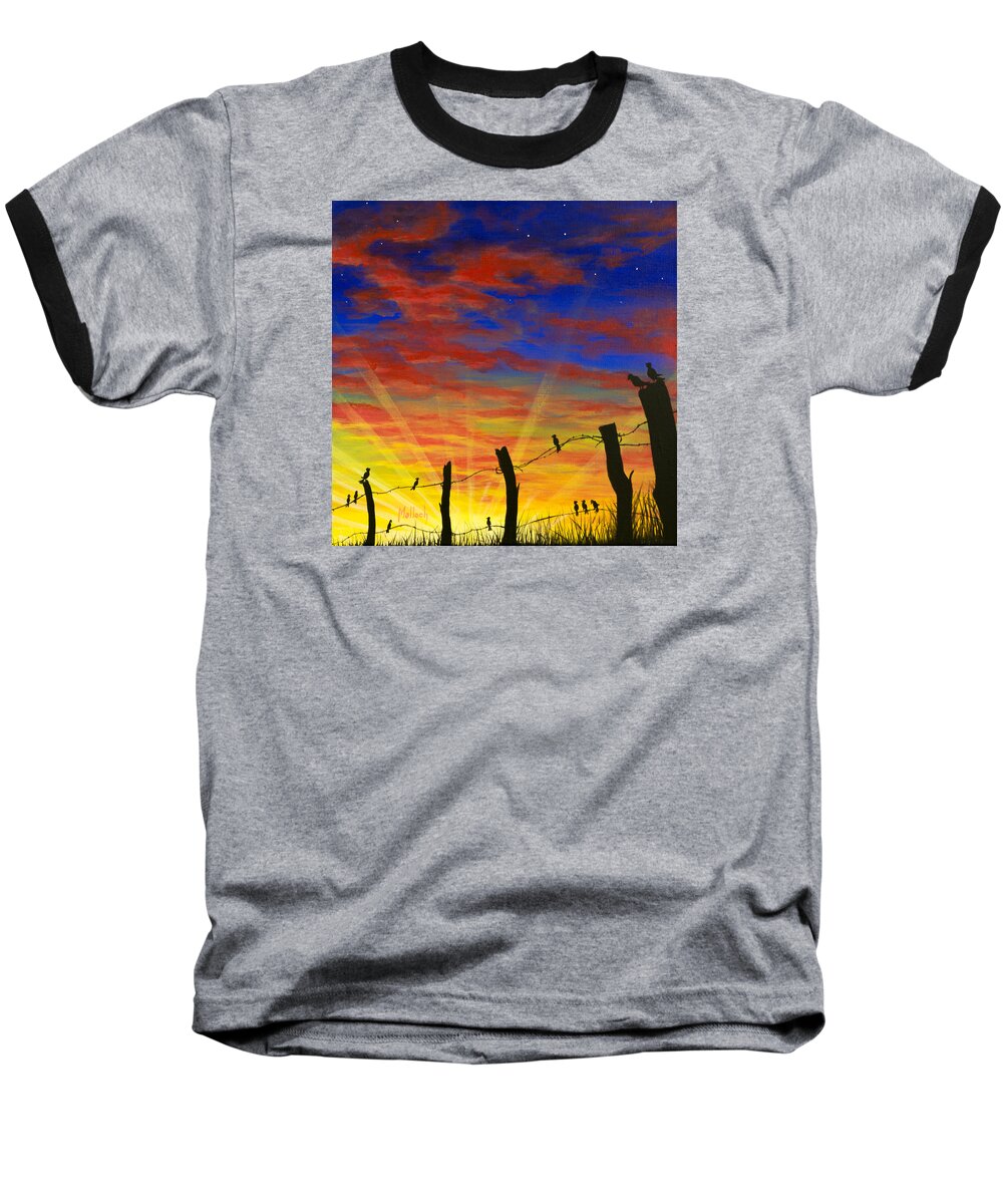 Barbwire Fence Baseball T-Shirt featuring the painting The Birds - Red Sky at Night by Jack Malloch